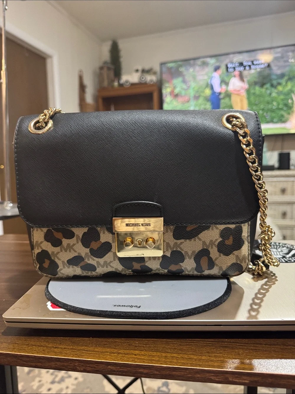 Michael Kors Black Leather & Leopard-Print Chain Crossbody